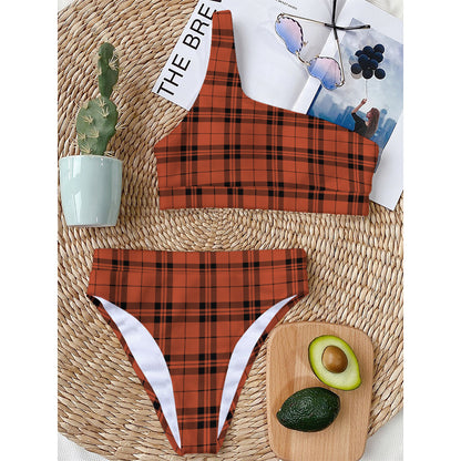 Orange And Black Tartan Pattern Print One Shoulder Bikini Top