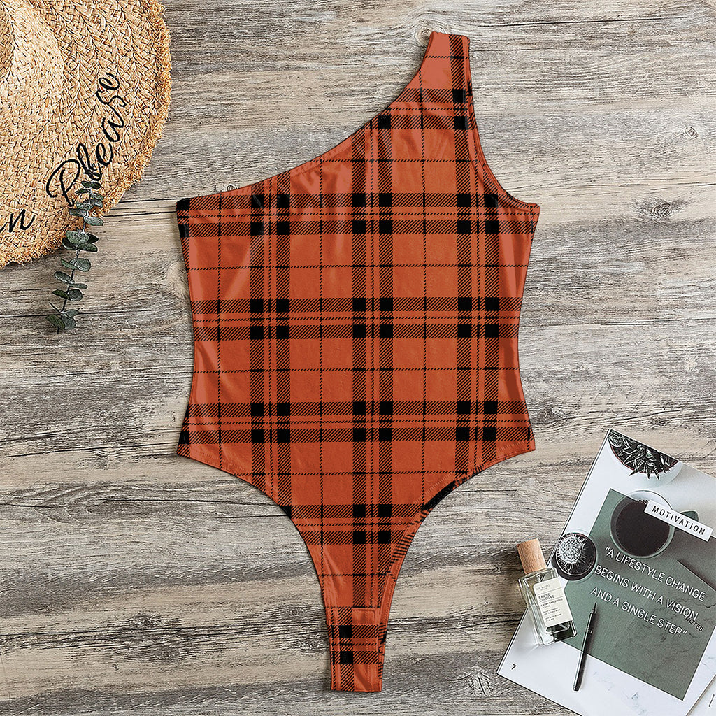 Orange And Black Tartan Pattern Print One Shoulder Bodysuit