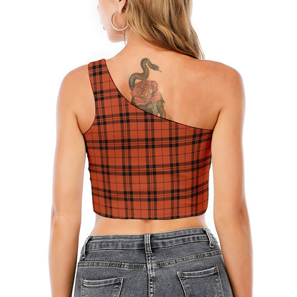 Orange And Black Tartan Pattern Print One Shoulder Crop Top