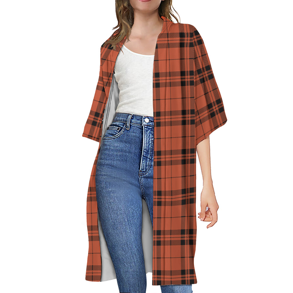 Orange And Black Tartan Pattern Print Open Front Beach Cover Up