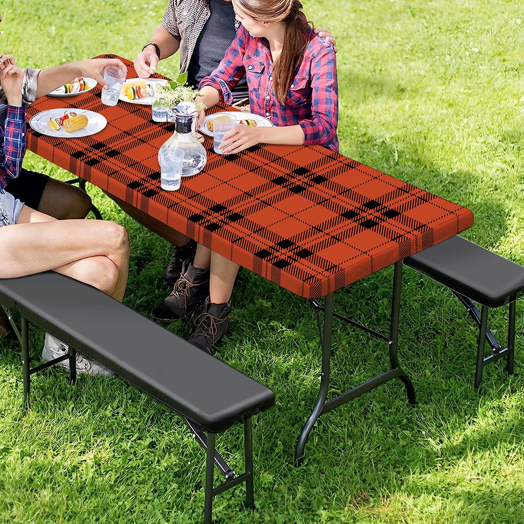 Orange And Black Tartan Pattern Print Picnic Table Cover