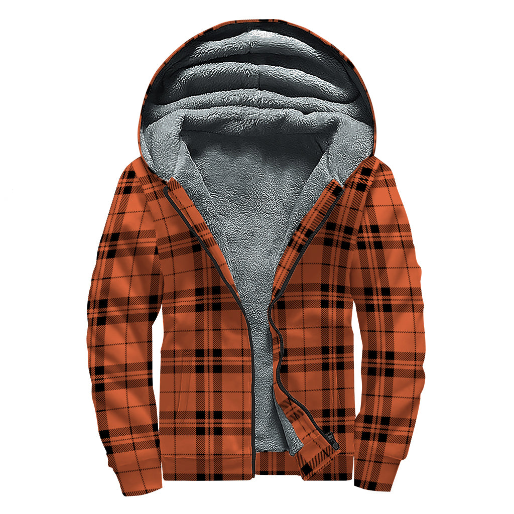 Orange And Black Tartan Pattern Print Sherpa Lined Zip Up Hoodie