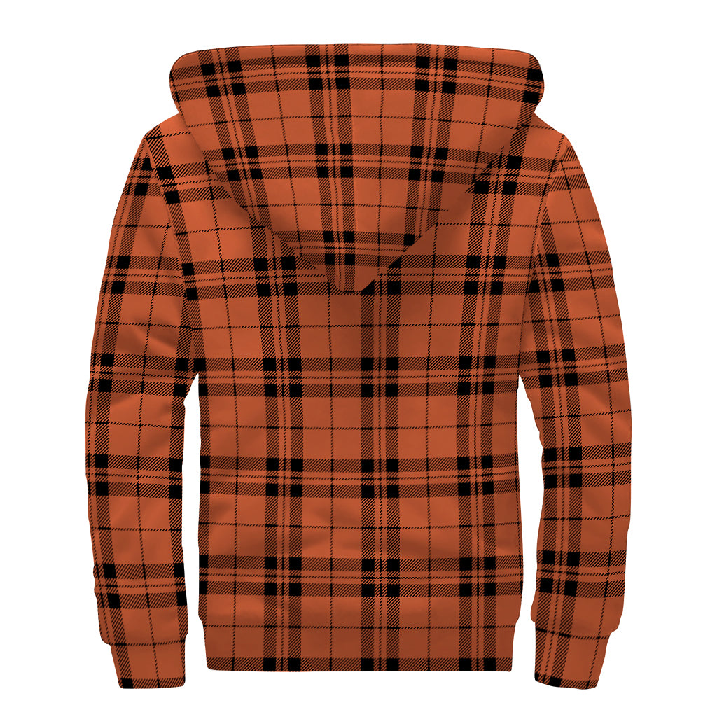 Orange And Black Tartan Pattern Print Sherpa Lined Zip Up Hoodie
