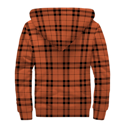 Orange And Black Tartan Pattern Print Sherpa Lined Zip Up Hoodie