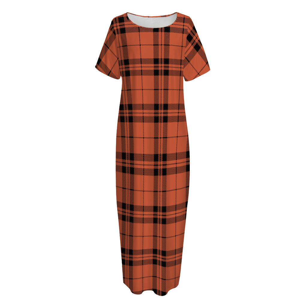 Orange And Black Tartan Pattern Print Short Sleeve Long Nightdress
