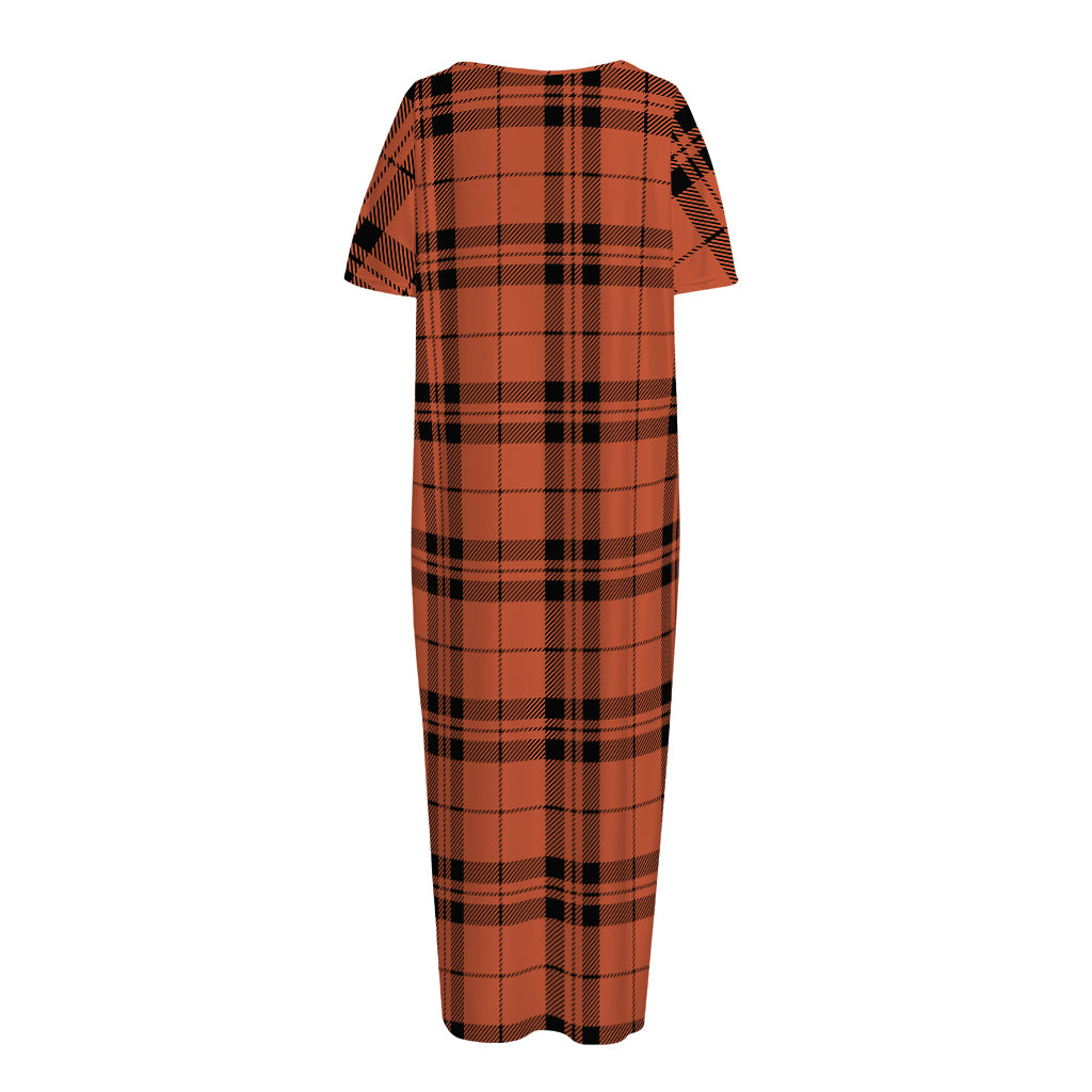 Orange And Black Tartan Pattern Print Short Sleeve Long Nightdress