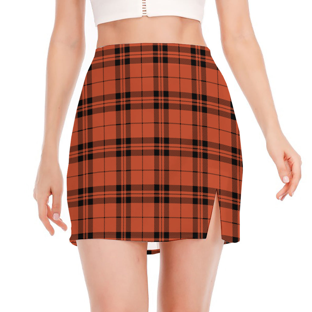 Orange And Black Tartan Pattern Print Side Slit Mini Skirt