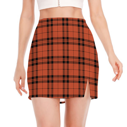 Orange And Black Tartan Pattern Print Side Slit Mini Skirt