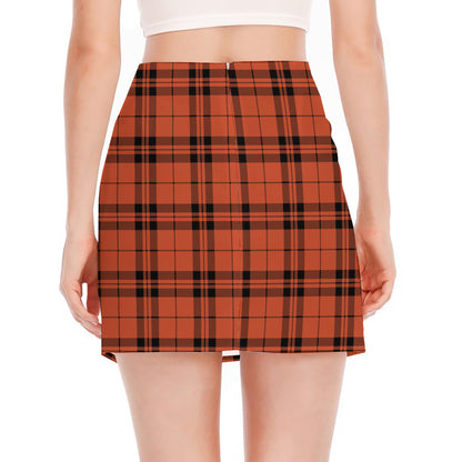 Orange And Black Tartan Pattern Print Side Slit Mini Skirt
