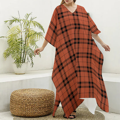Orange And Black Tartan Pattern Print Silk V-Neck Kaftan Dress
