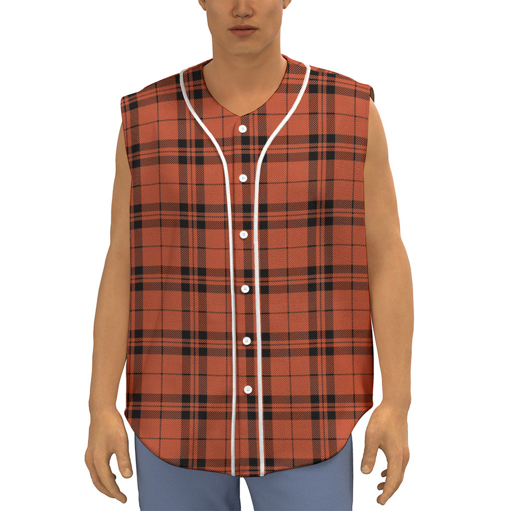 Orange And Black Tartan Pattern Print Sleeveless Baseball Jersey