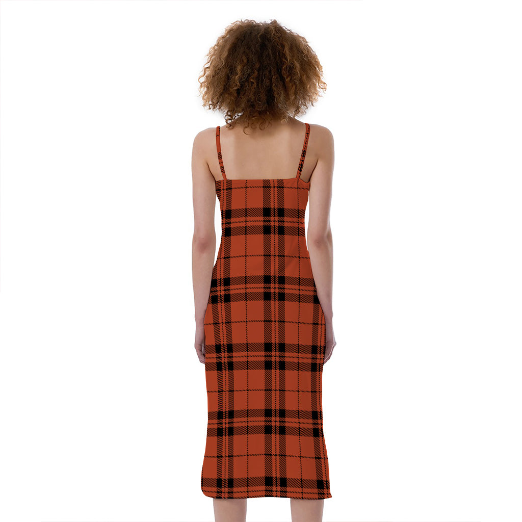Orange And Black Tartan Pattern Print Slim Fit Midi Cami Dress
