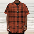 Orange And Black Tartan Pattern Print Textured Short Sleeve Shirt