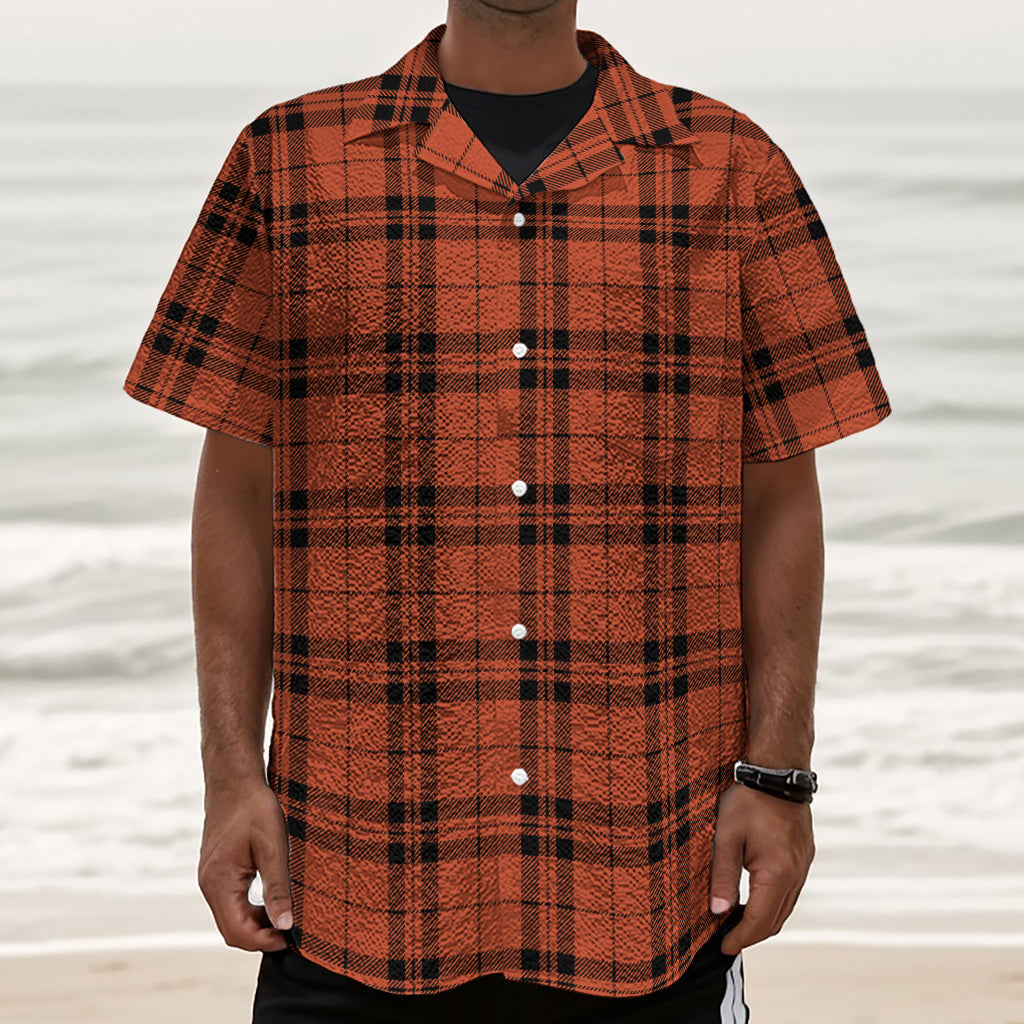 Orange And Black Tartan Pattern Print Textured Short Sleeve Shirt