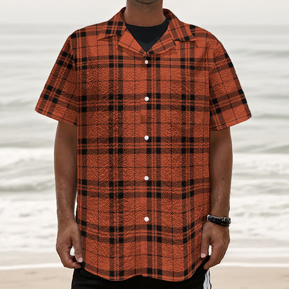 Orange And Black Tartan Pattern Print Textured Short Sleeve Shirt