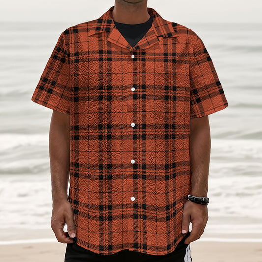 Orange And Black Tartan Pattern Print Textured Short Sleeve Shirt