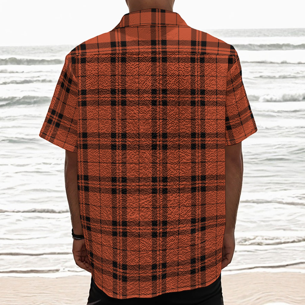 Orange And Black Tartan Pattern Print Textured Short Sleeve Shirt