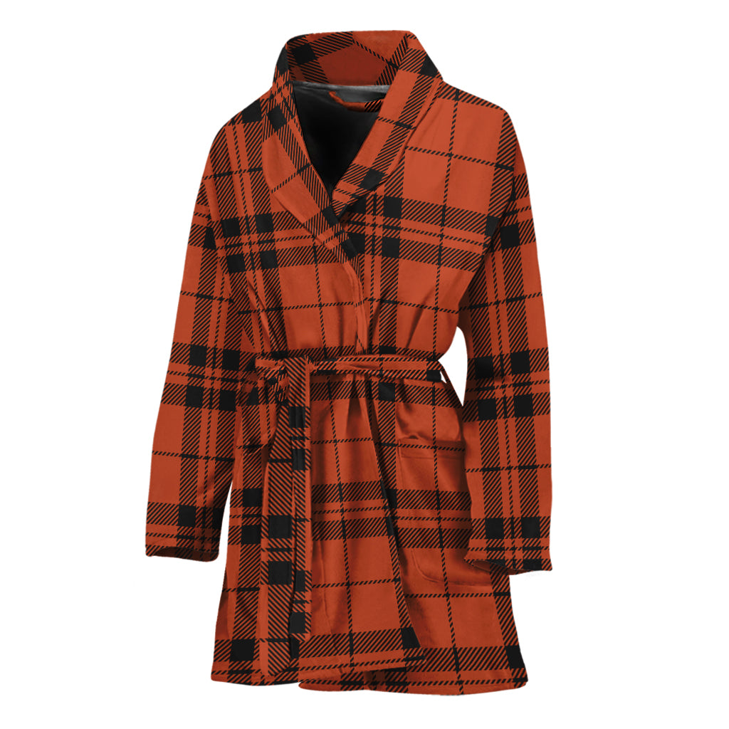Orange And Black Tartan Pattern Print Women's Bathrobe