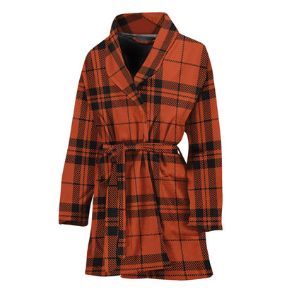 Orange And Black Tartan Pattern Print Women's Bathrobe