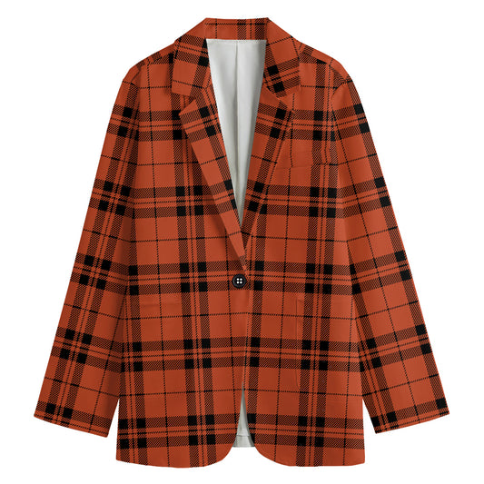 Orange And Black Tartan Pattern Print Women's Blazer