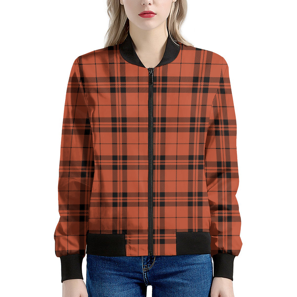 Orange And Black Tartan Pattern Print Women's Bomber Jacket