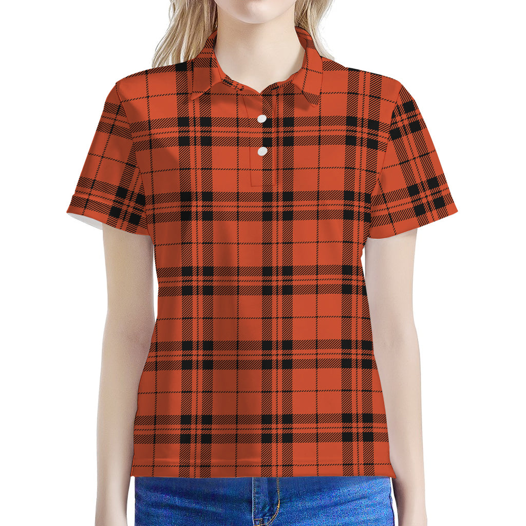 Orange And Black Tartan Pattern Print Women's Polo Shirt