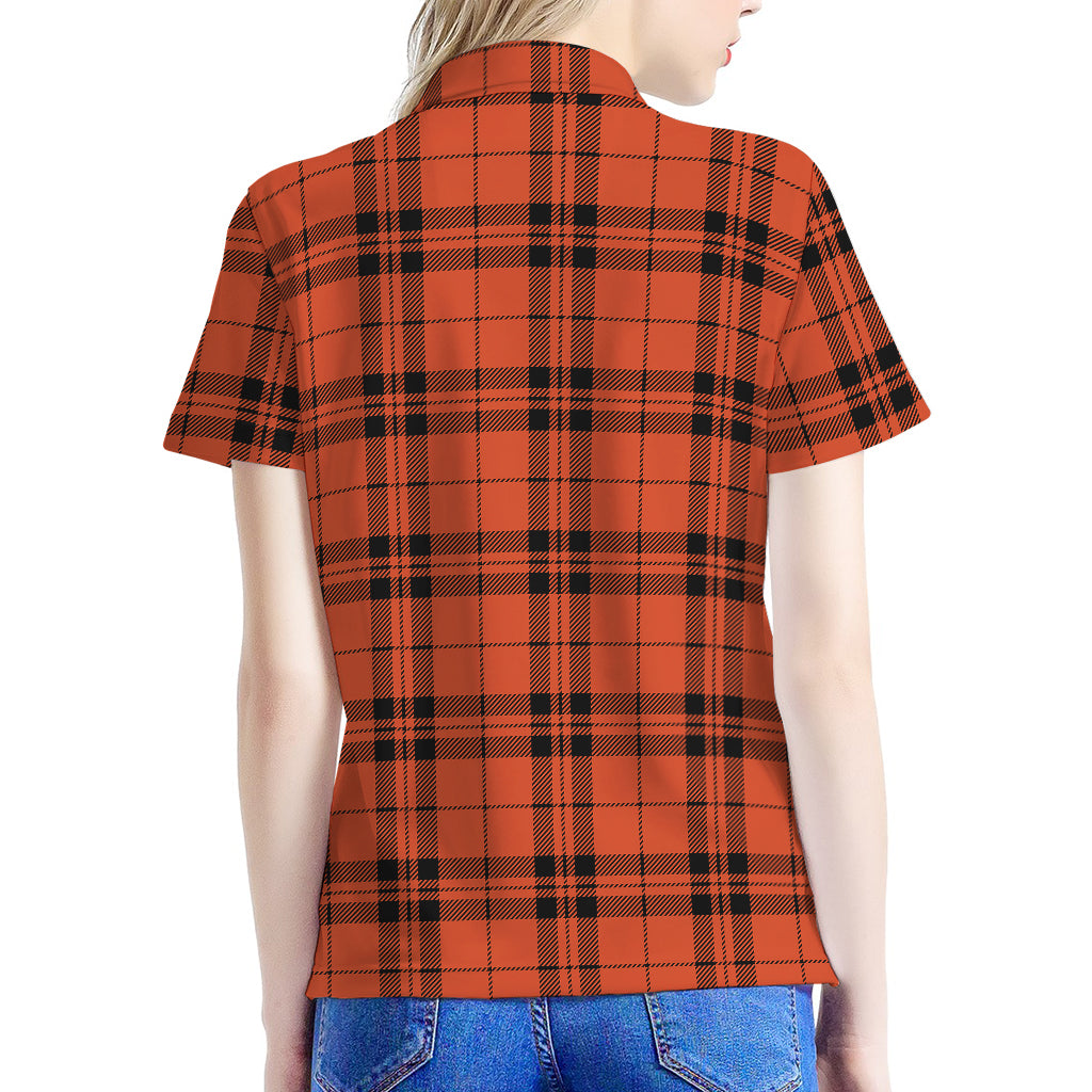 Orange And Black Tartan Pattern Print Women's Polo Shirt