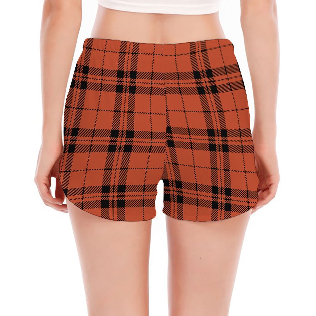 Orange And Black Tartan Pattern Print Women's Split Running Shorts