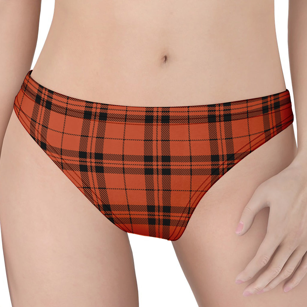 Orange And Black Tartan Pattern Print Women's Thong