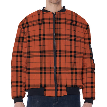 Orange And Black Tartan Pattern Print Zip Sleeve Bomber Jacket