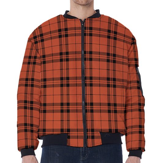Orange And Black Tartan Pattern Print Zip Sleeve Bomber Jacket