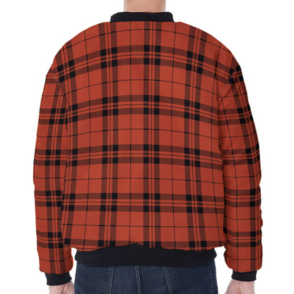 Orange And Black Tartan Pattern Print Zip Sleeve Bomber Jacket