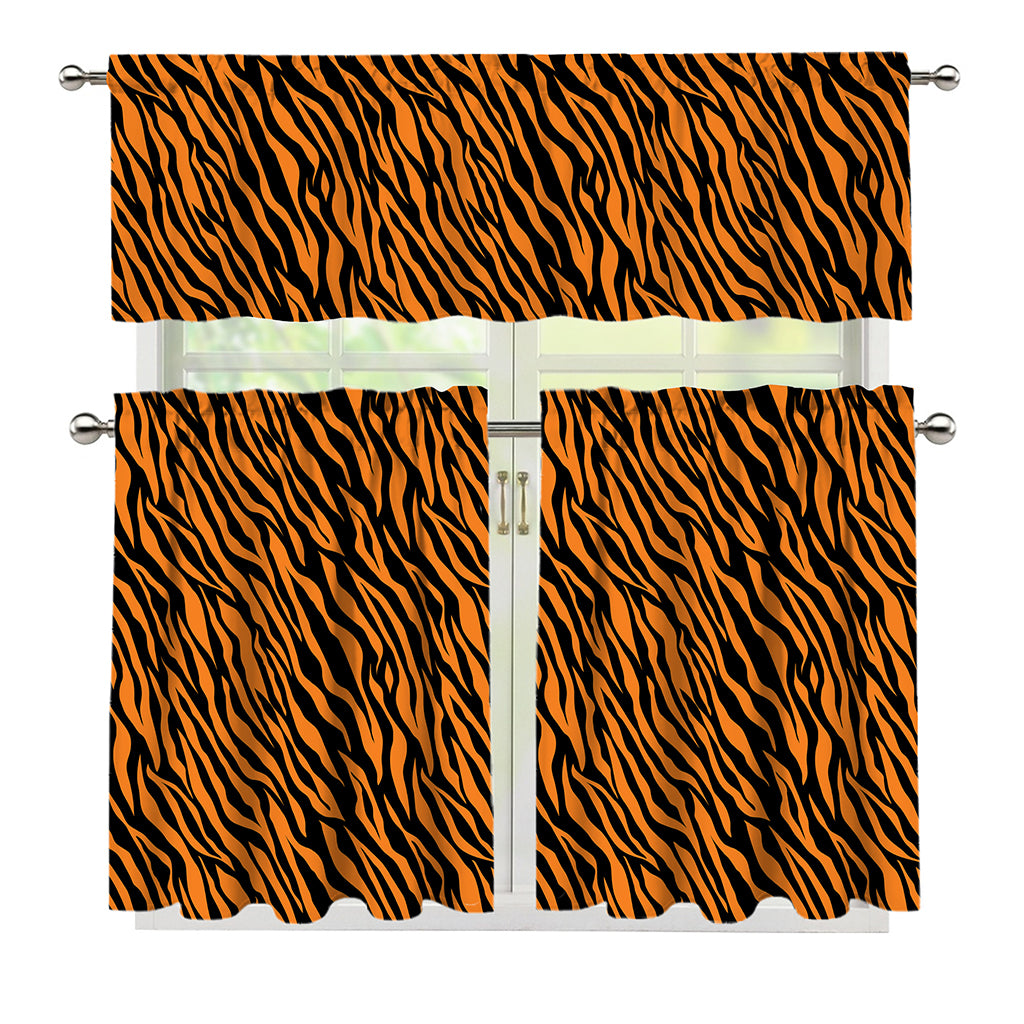 Orange And Black Tiger Stripe Print 3 Piece Kitchen Curtains