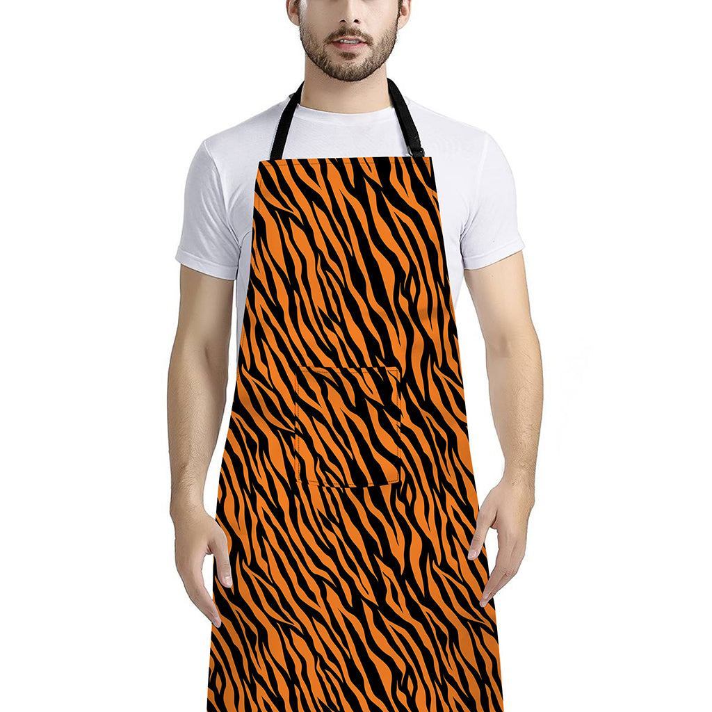Orange And Black Tiger Stripe Print Bib Apron With Pocket