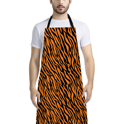Orange And Black Tiger Stripe Print Bib Apron With Pocket