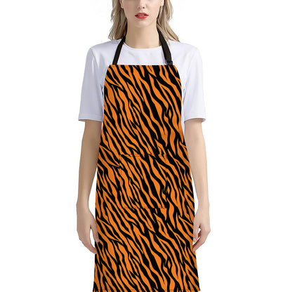 Orange And Black Tiger Stripe Print Bib Apron With Pocket