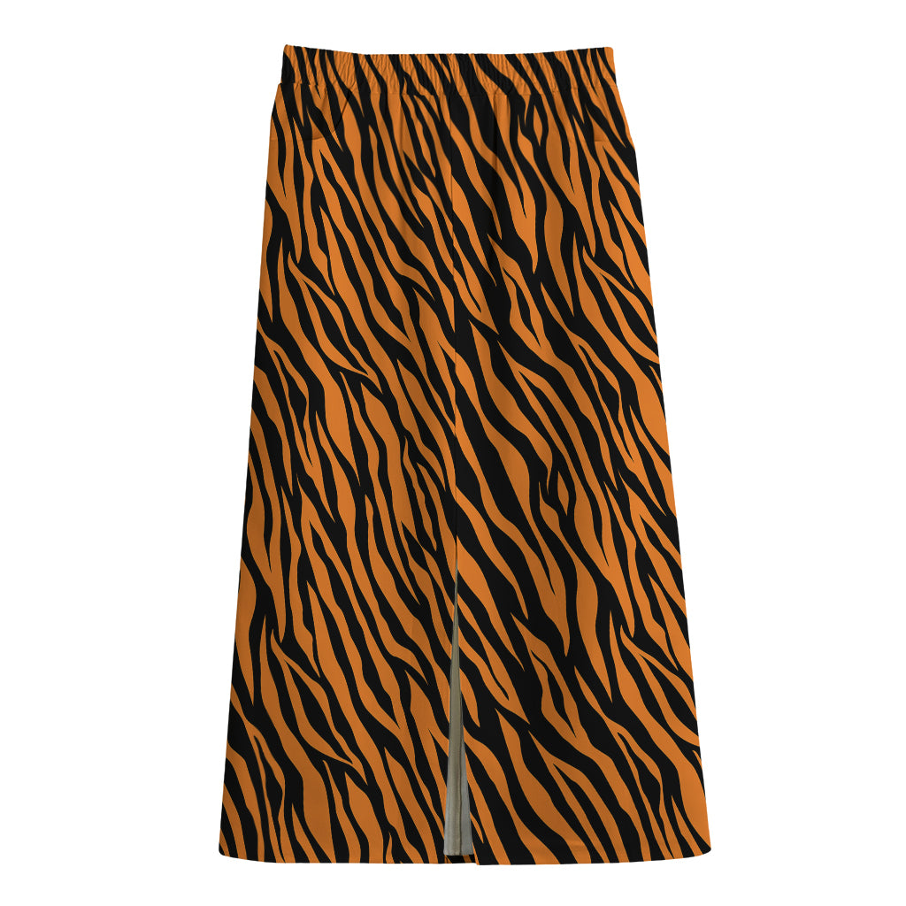 Orange And Black Tiger Stripe Print Cotton Front Slit Maxi Skirt