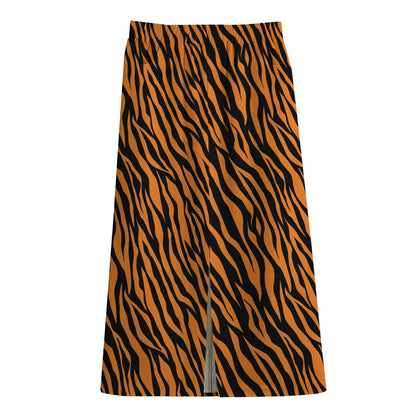 Orange And Black Tiger Stripe Print Cotton Front Slit Maxi Skirt