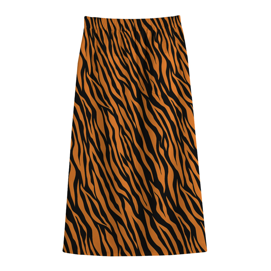 Orange And Black Tiger Stripe Print Cotton Front Slit Maxi Skirt