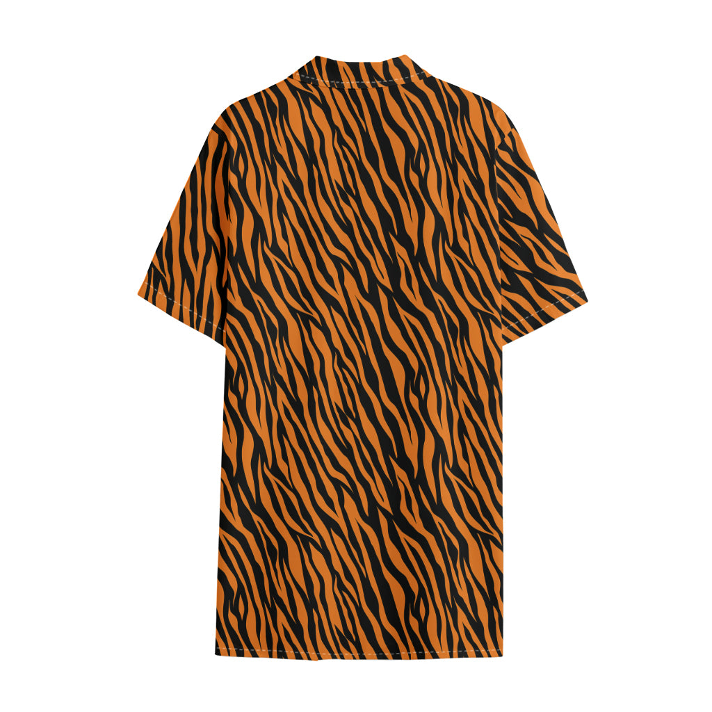Orange And Black Tiger Stripe Print Cotton Hawaiian Shirt