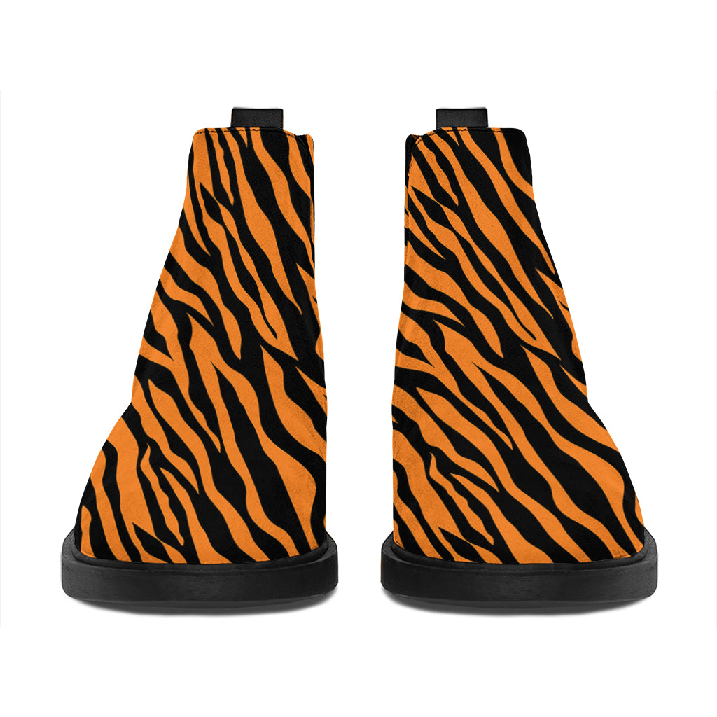 Orange And Black Tiger Stripe Print Flat Ankle Boots