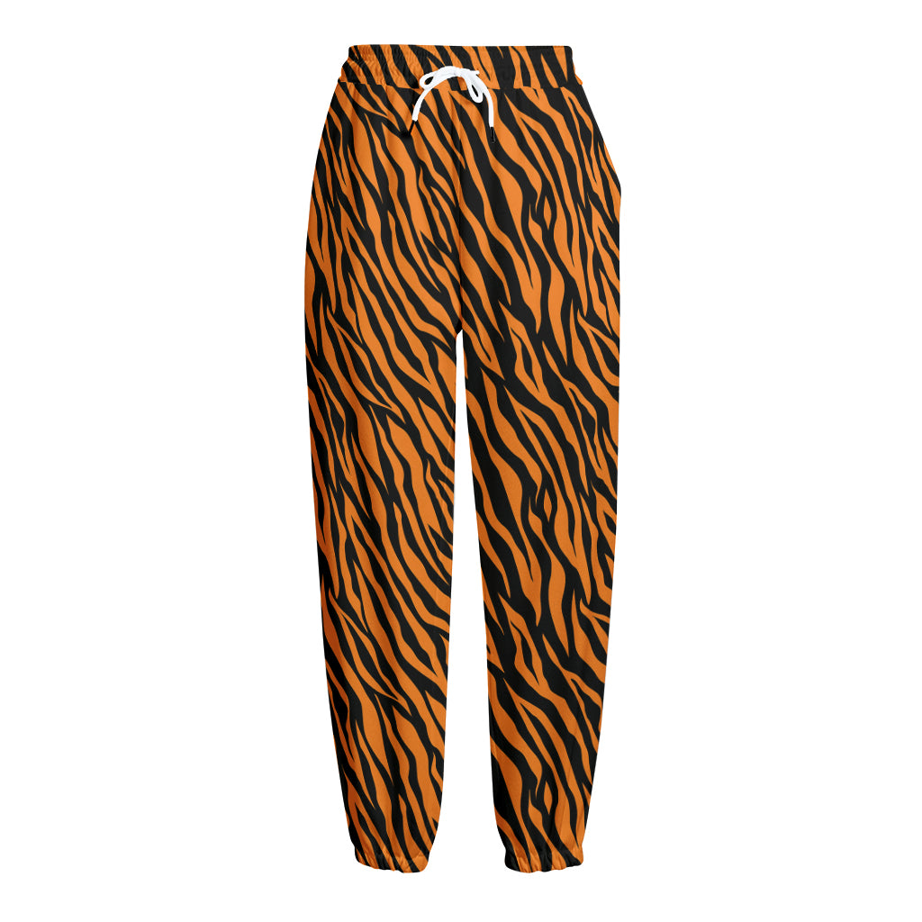 Orange And Black Tiger Stripe Print Fleece Lined Knit Pants