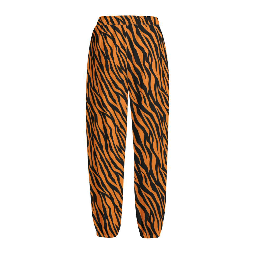 Orange And Black Tiger Stripe Print Fleece Lined Knit Pants