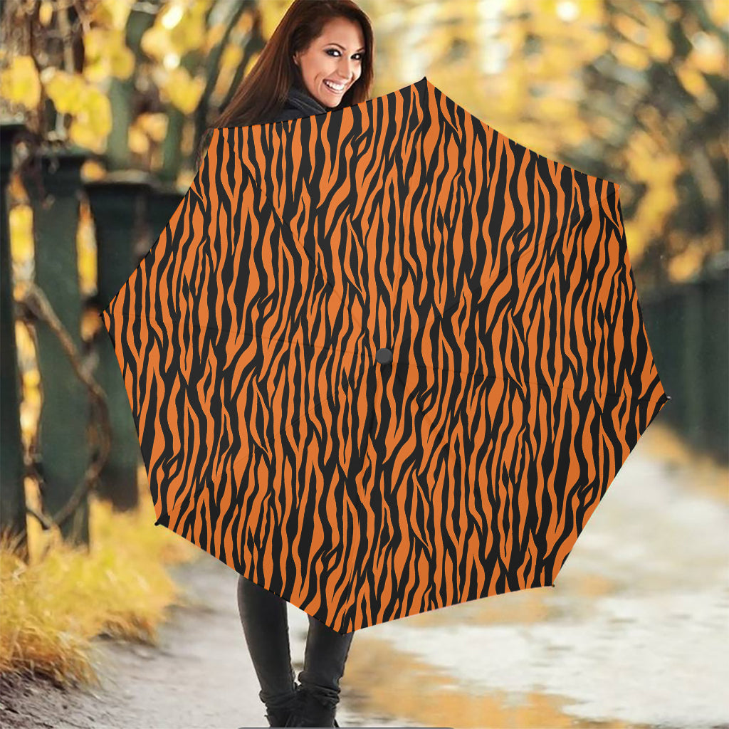 Orange And Black Tiger Stripe Print Foldable Umbrella
