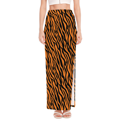 Orange And Black Tiger Stripe Print High Slit Maxi Skirt