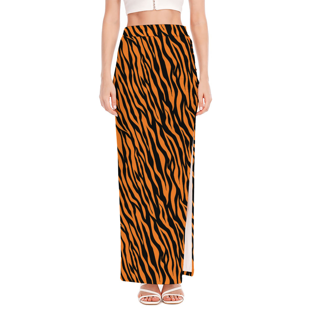 Orange And Black Tiger Stripe Print High Slit Maxi Skirt