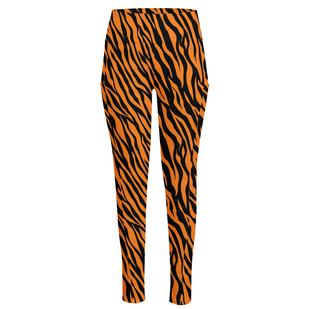 Orange And Black Tiger Stripe Print High-Waisted Pocket Leggings