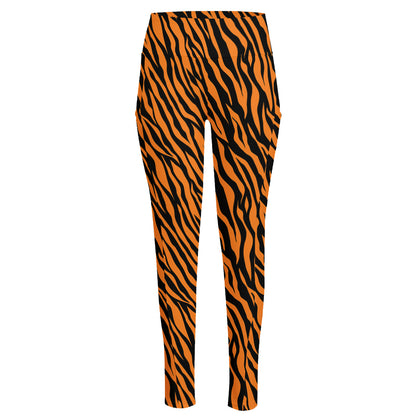 Orange And Black Tiger Stripe Print High-Waisted Pocket Leggings