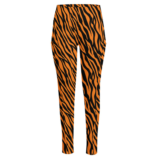Orange And Black Tiger Stripe Print High-Waisted Pocket Leggings