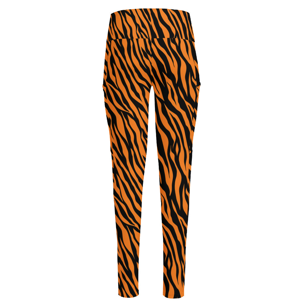 Orange And Black Tiger Stripe Print High-Waisted Pocket Leggings